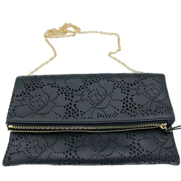 Urban Expressions Handbags - Urban Expressions Clutch Purse Handbag Black Detachable Gold Chain Strap Zipper